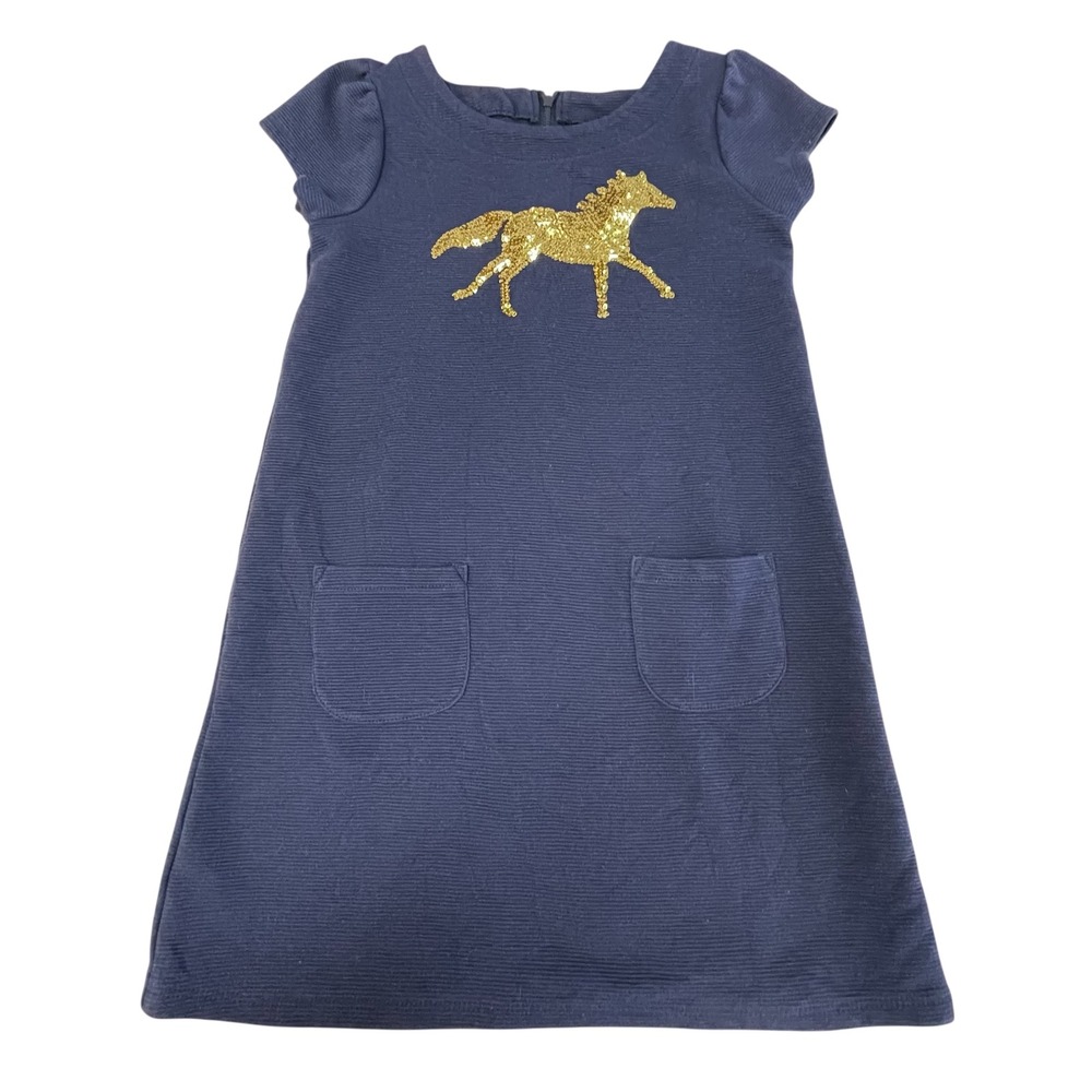 Gymboree Girls Dress Size 8 Navy Gold Sequin Horse Short Sleeve‎ Pockets